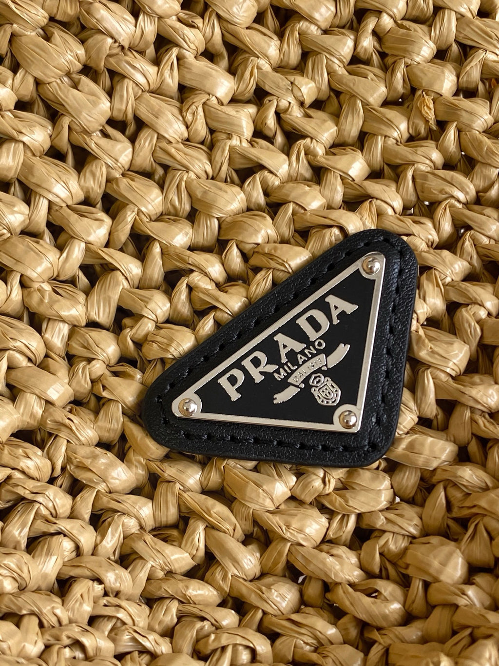 Prada Large Raffia Crochet Tote Bag with Embroidered Logo — Natural