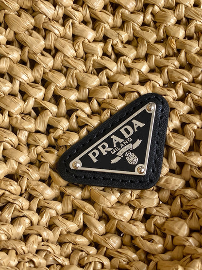 Prada Large Raffia Crochet Tote Bag with Embroidered Logo — Natural