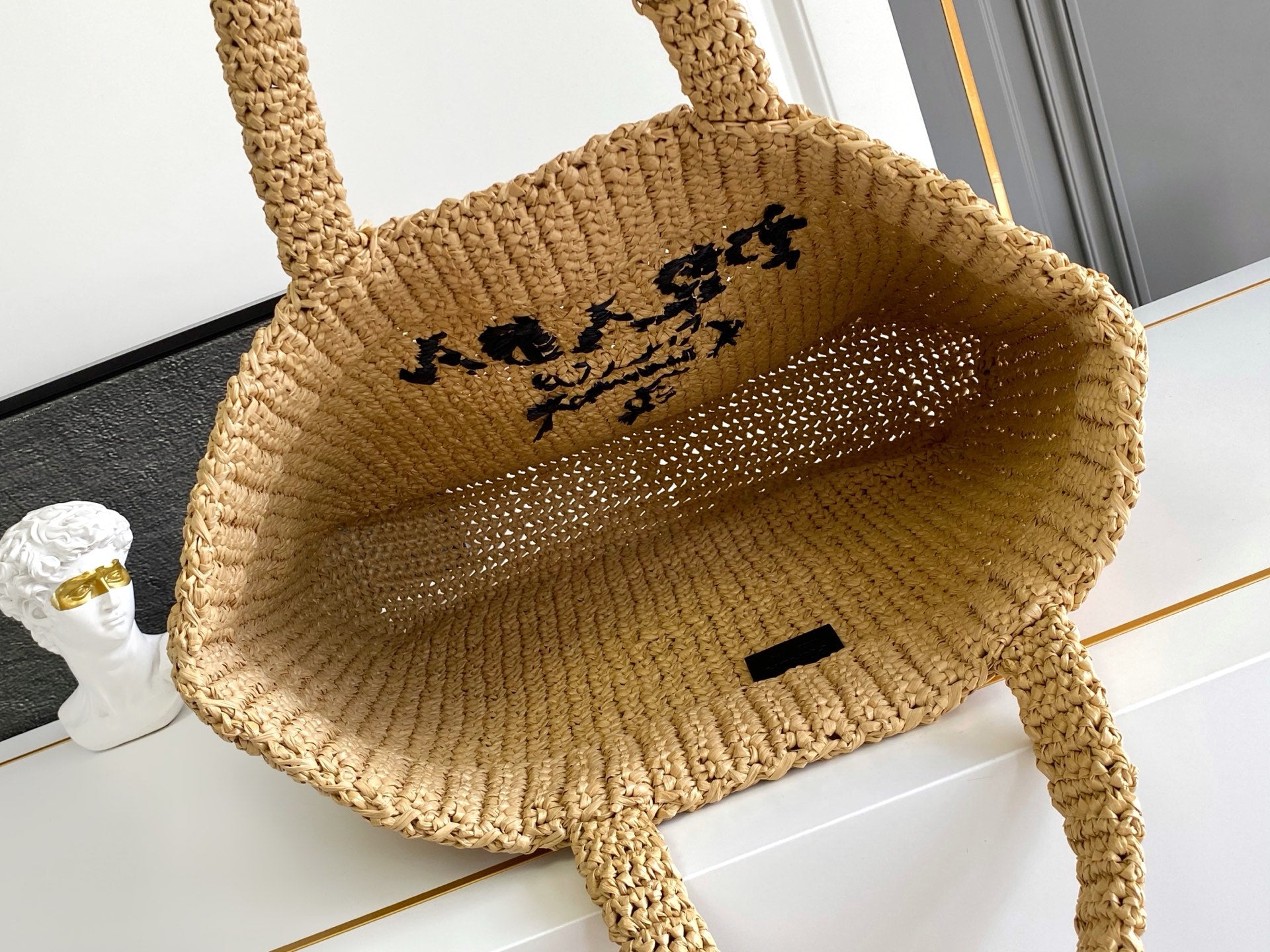Prada Large Raffia Crochet Tote Bag with Embroidered Logo — Natural