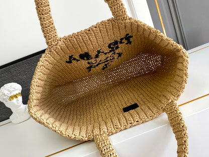 Prada Large Raffia Crochet Tote Bag with Embroidered Logo — Natural