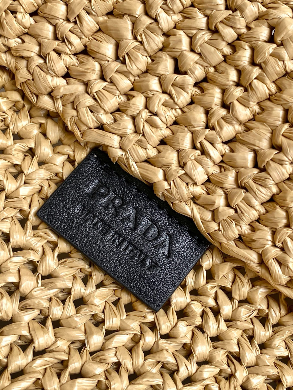 Prada Large Raffia Crochet Tote Bag with Embroidered Logo — Natural