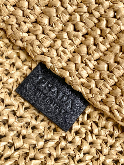 Prada Large Raffia Crochet Tote Bag with Embroidered Logo — Natural