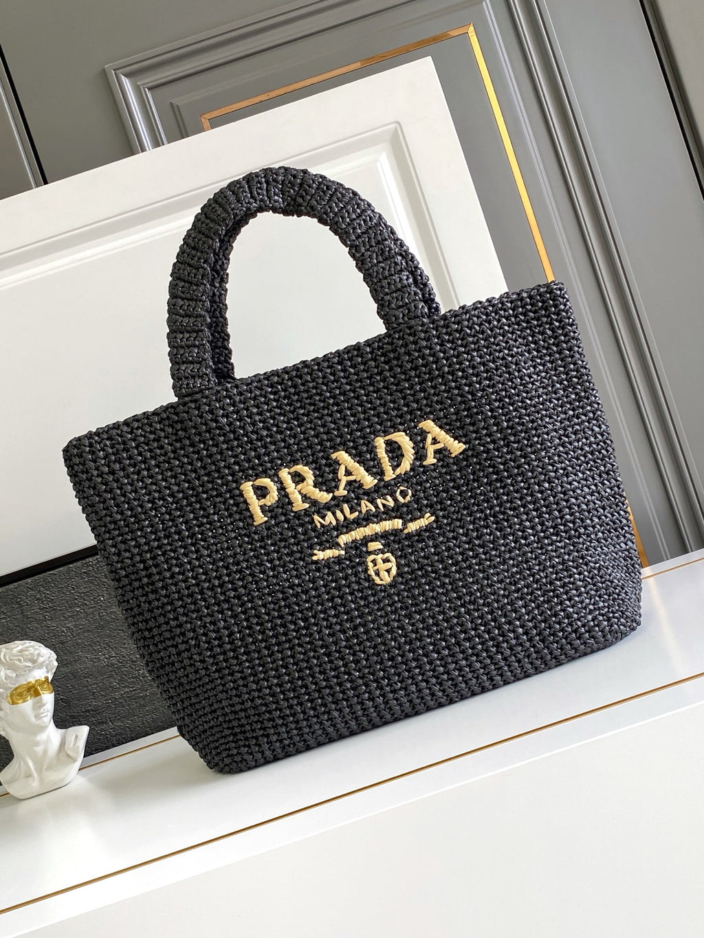 Prada Large Raffia Crochet Tote Bag with Embroidered Logo — Black