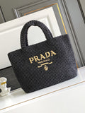Prada Large Raffia Crochet Tote Bag with Embroidered Logo — Black