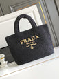 Prada Large Raffia Crochet Tote Bag with Embroidered Logo — Black