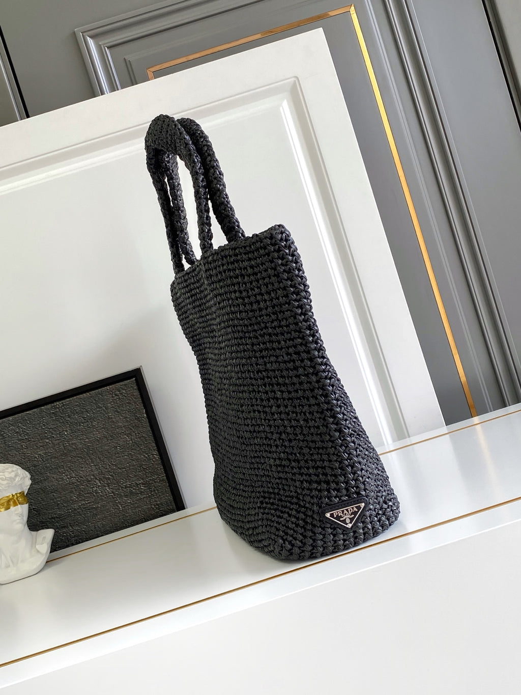 Prada Large Raffia Crochet Tote Bag with Embroidered Logo — Black