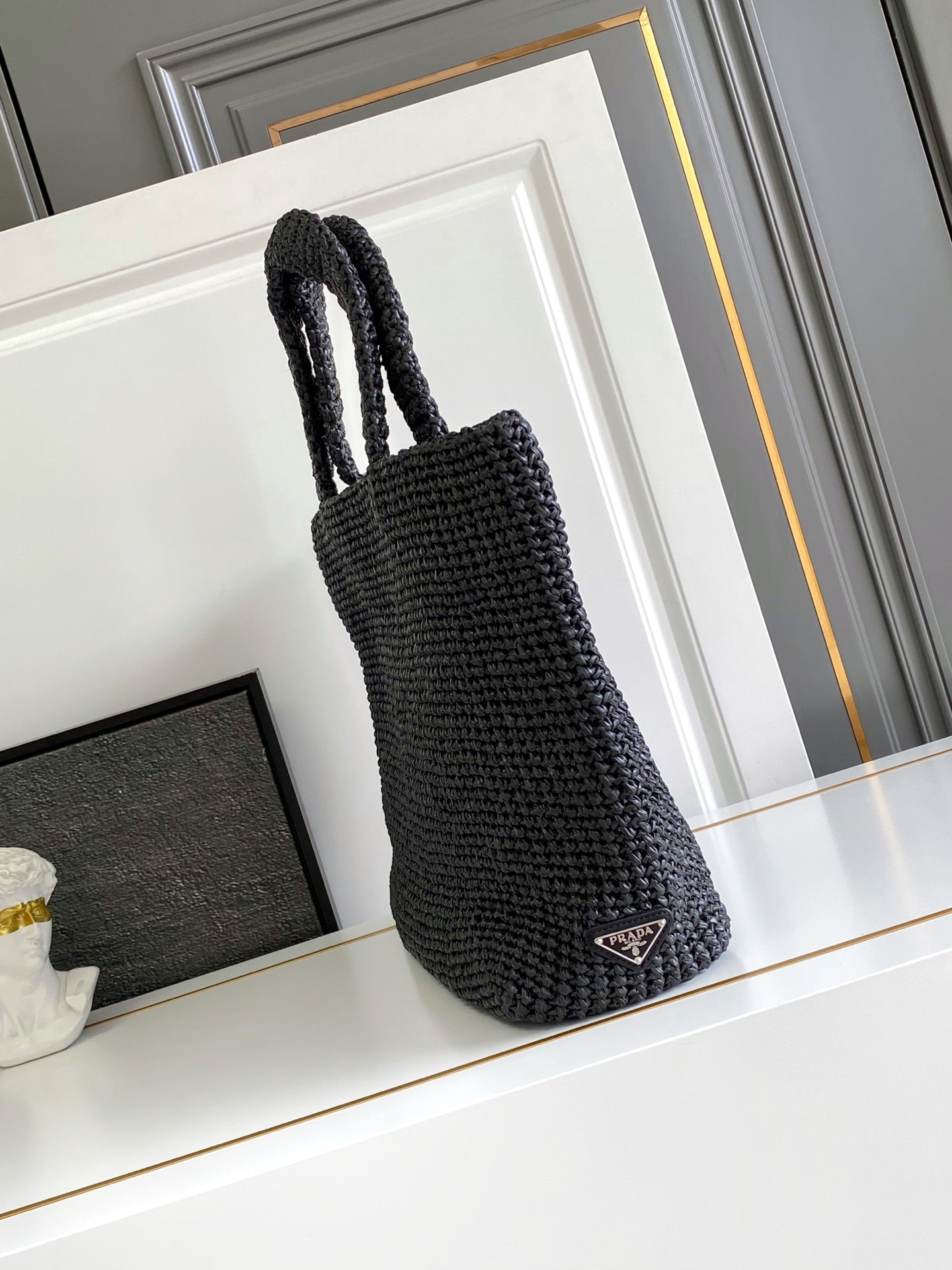 Prada Large Raffia Crochet Tote Bag with Embroidered Logo — Black