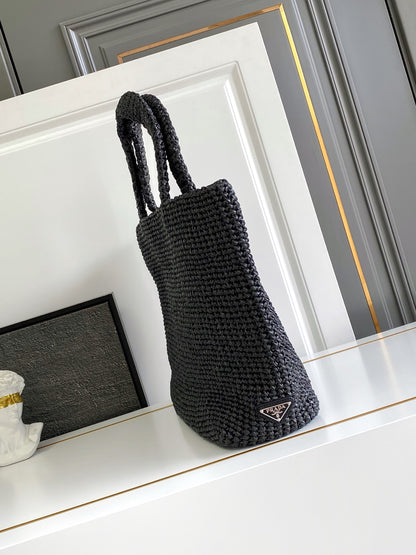 Prada Large Raffia Crochet Tote Bag with Embroidered Logo — Black