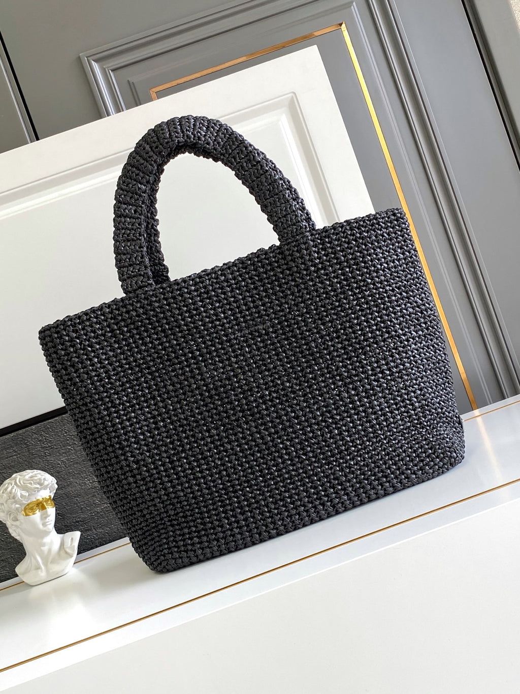 Prada Large Raffia Crochet Tote Bag with Embroidered Logo — Black