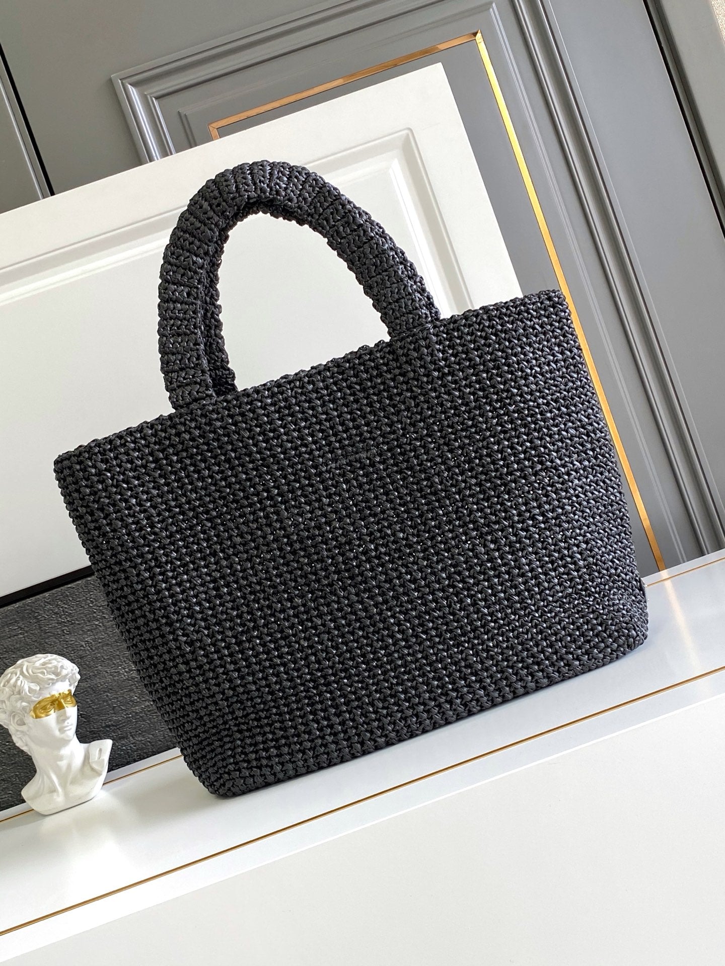 Prada Large Raffia Crochet Tote Bag with Embroidered Logo — Black