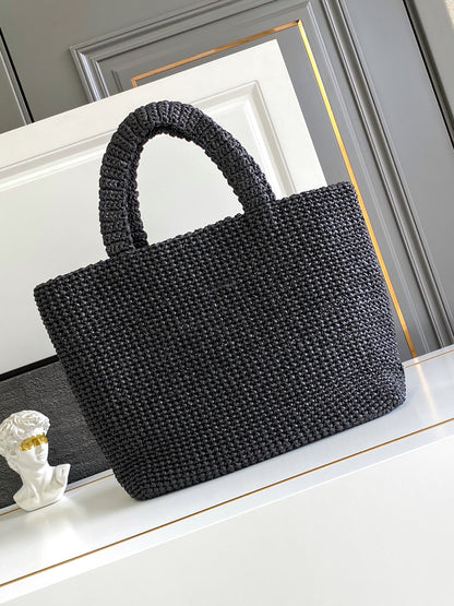 Prada Large Raffia Crochet Tote Bag with Embroidered Logo — Black