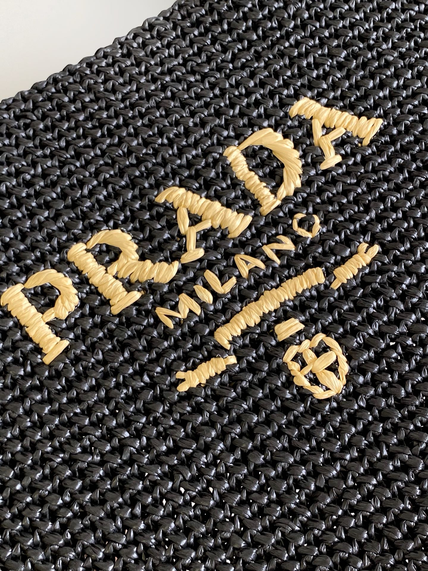 Prada Large Raffia Crochet Tote Bag with Embroidered Logo — Black