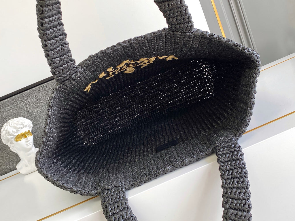 Prada Large Raffia Crochet Tote Bag with Embroidered Logo — Black