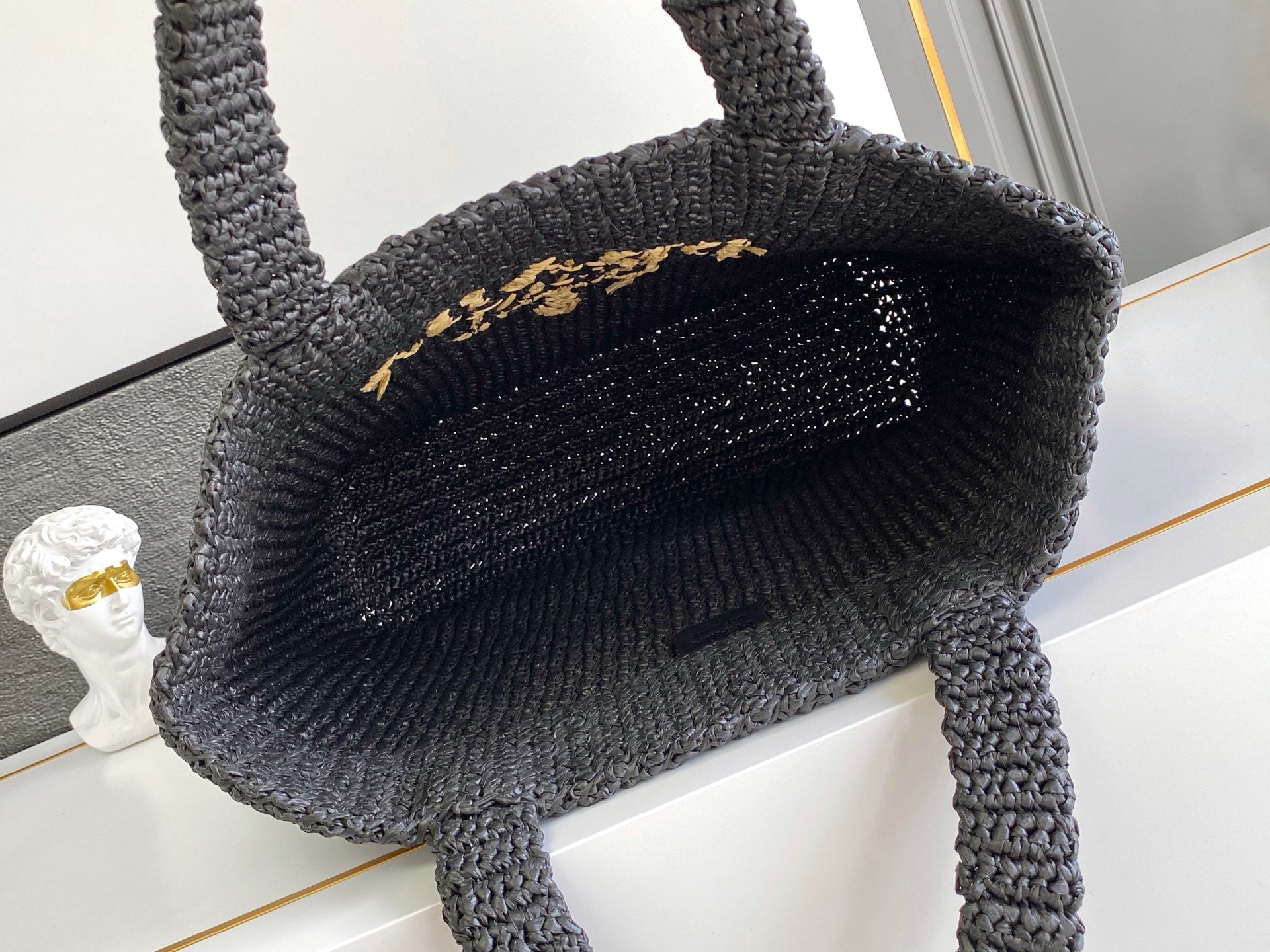 Prada Large Raffia Crochet Tote Bag with Embroidered Logo — Black