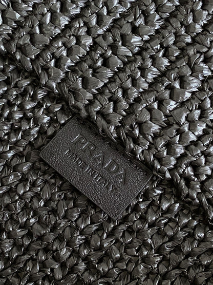 Prada Large Raffia Crochet Tote Bag with Embroidered Logo — Black