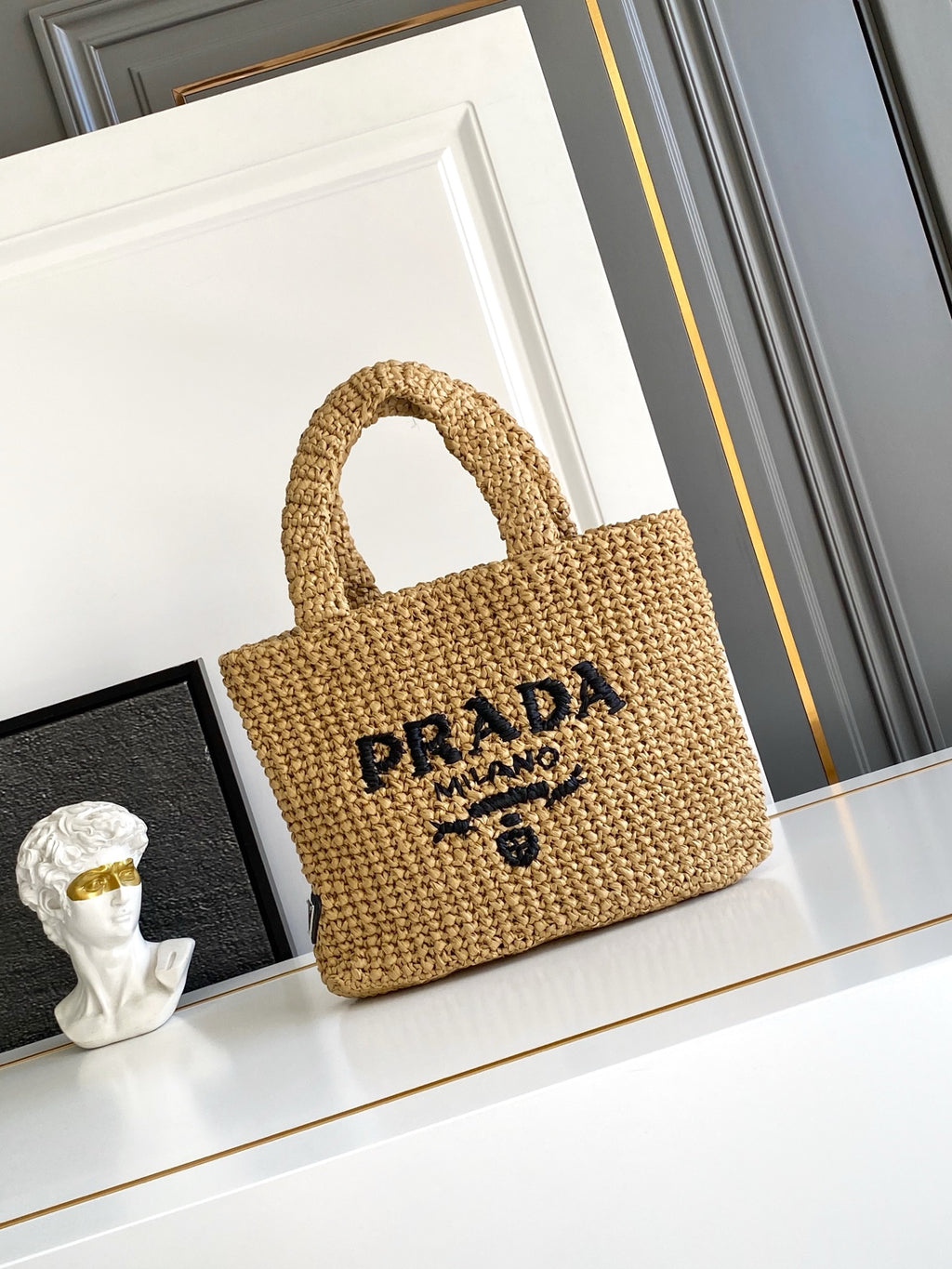 Prada Small Raffia Crochet Tote Bag with Embroidered Logo — Natural