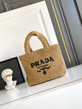 Prada Small Raffia Crochet Tote Bag with Embroidered Logo — Natural