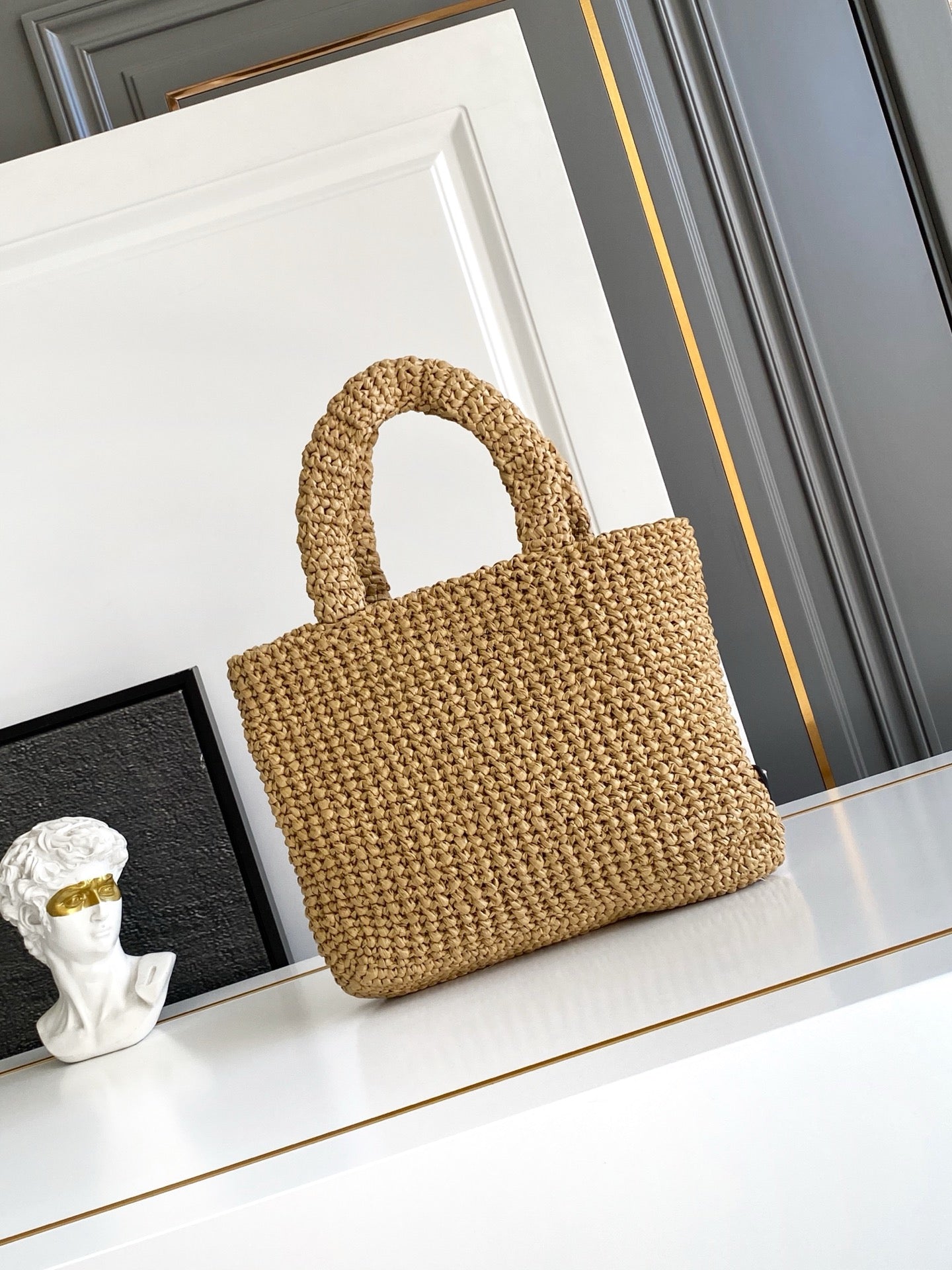 Prada Small Raffia Crochet Tote Bag with Embroidered Logo — Natural