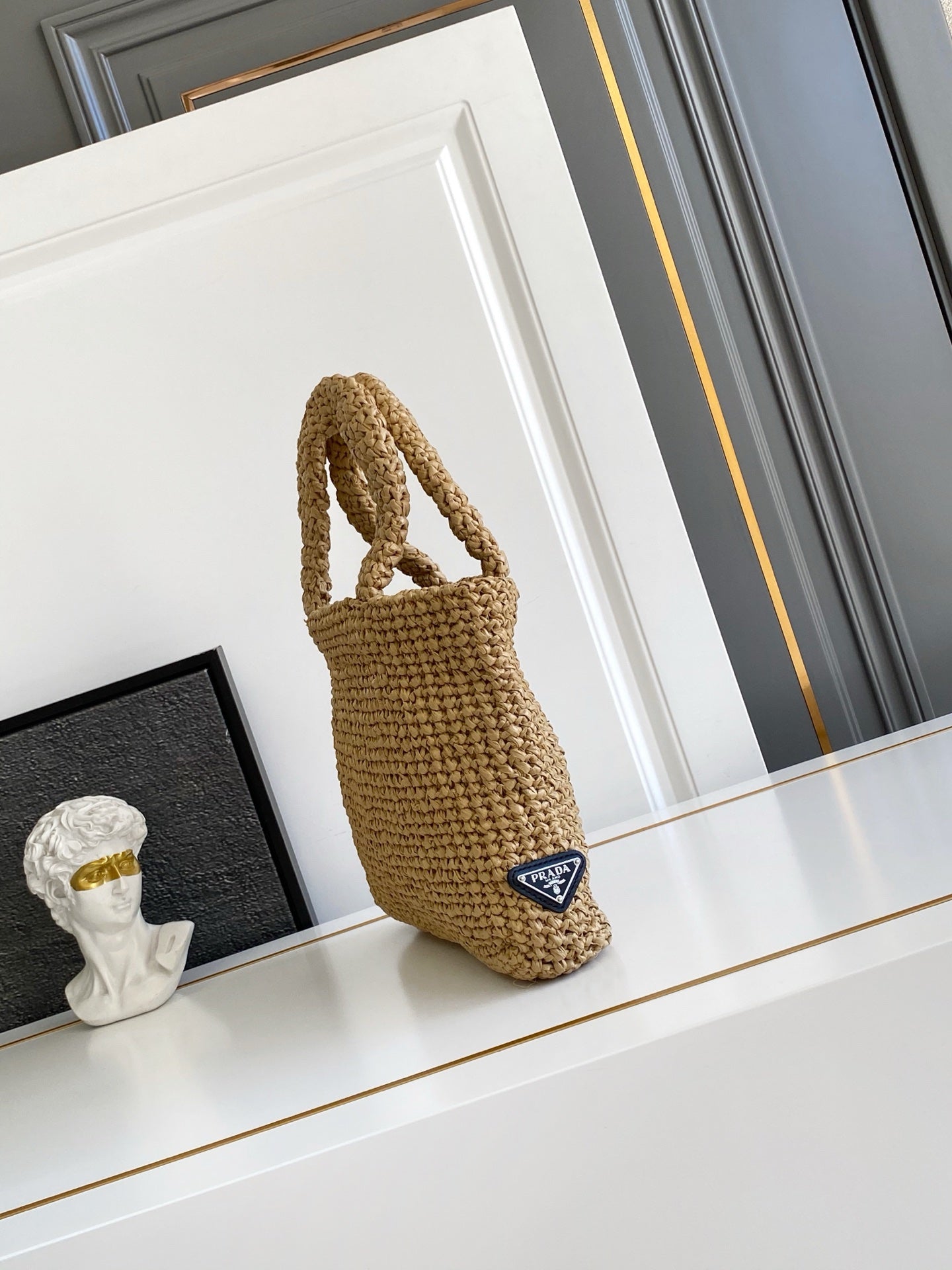 Prada Small Raffia Crochet Tote Bag with Embroidered Logo — Natural