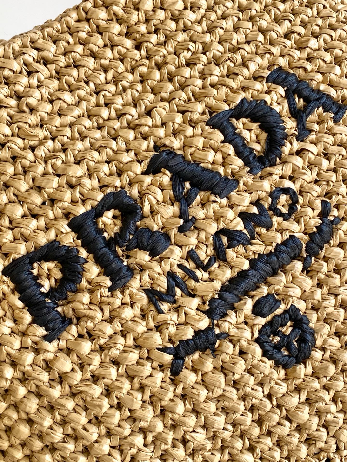Prada Small Raffia Crochet Tote Bag with Embroidered Logo — Natural