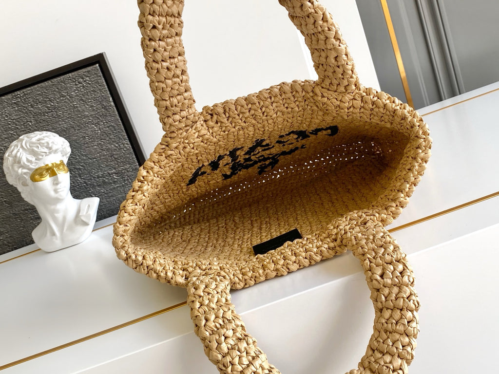 Prada Small Raffia Crochet Tote Bag with Embroidered Logo — Natural