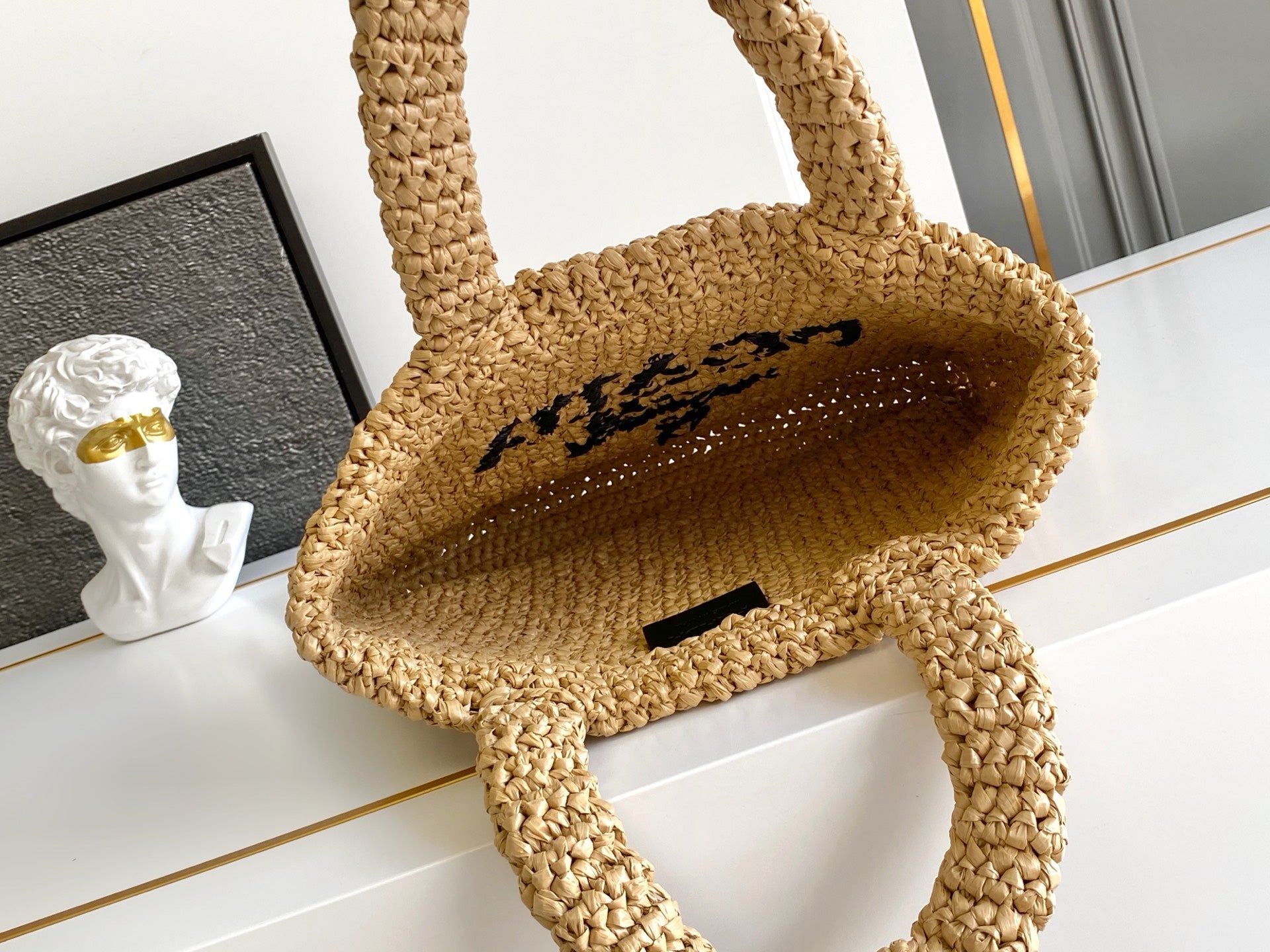 Prada Small Raffia Crochet Tote Bag with Embroidered Logo — Natural