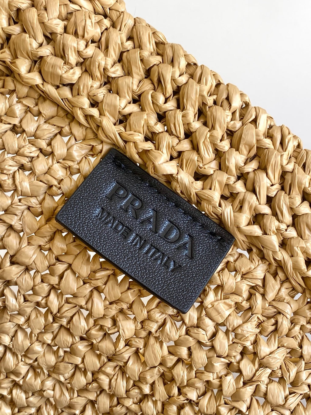 Prada Small Raffia Crochet Tote Bag with Embroidered Logo — Natural