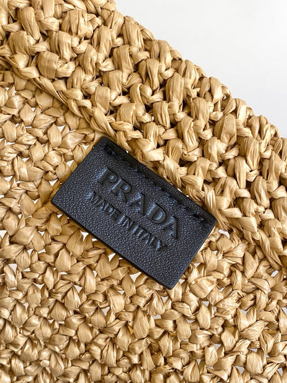 Prada Small Raffia Crochet Tote Bag with Embroidered Logo — Natural