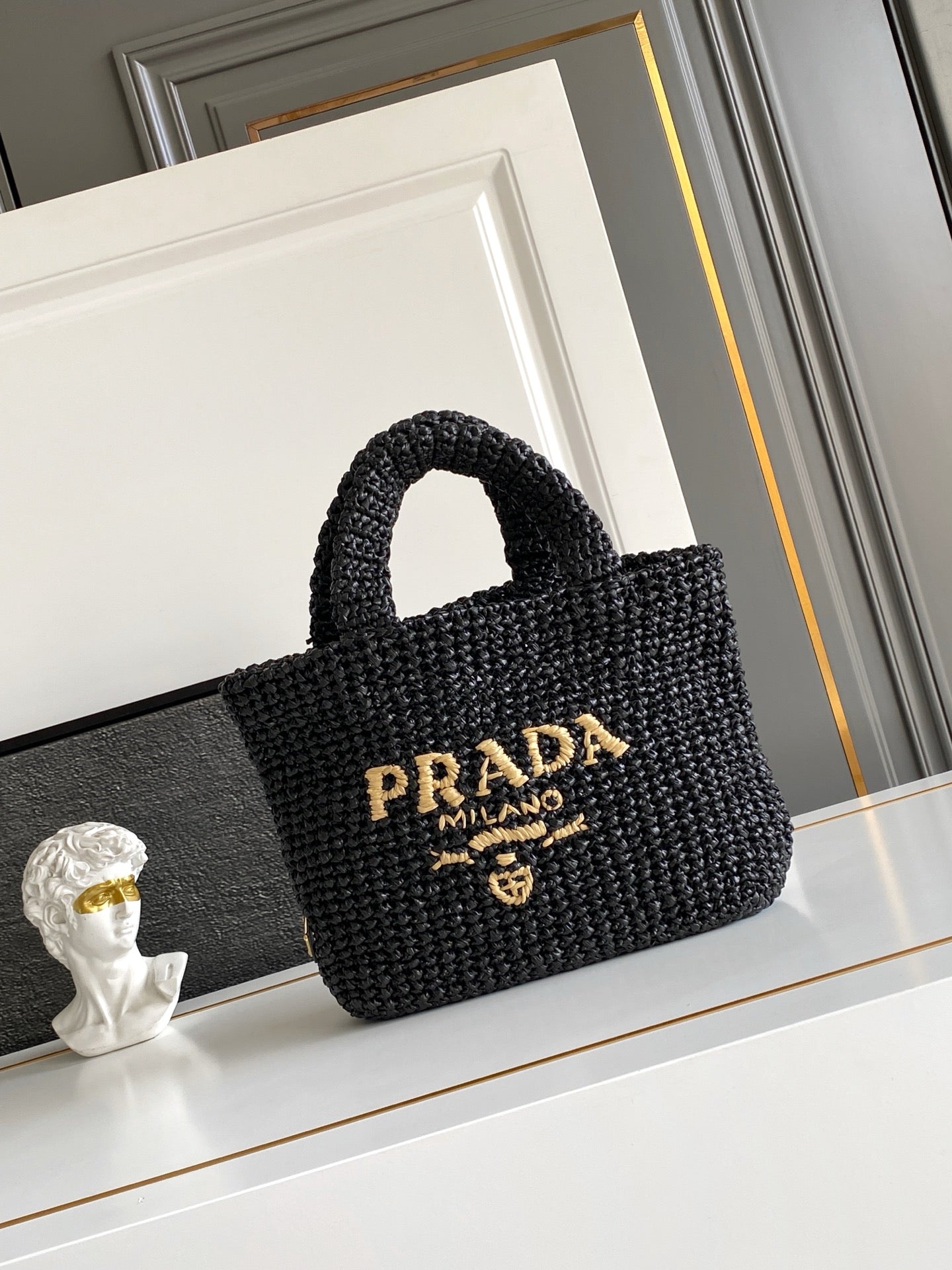 Prada Small Raffia Crochet Tote Bag with Embroidered Logo — Black