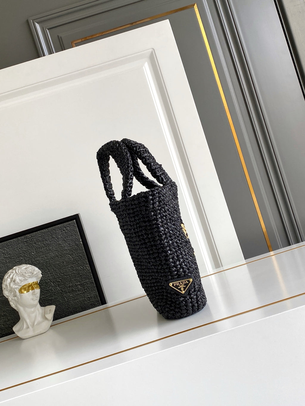 Prada Small Raffia Crochet Tote Bag with Embroidered Logo — Black