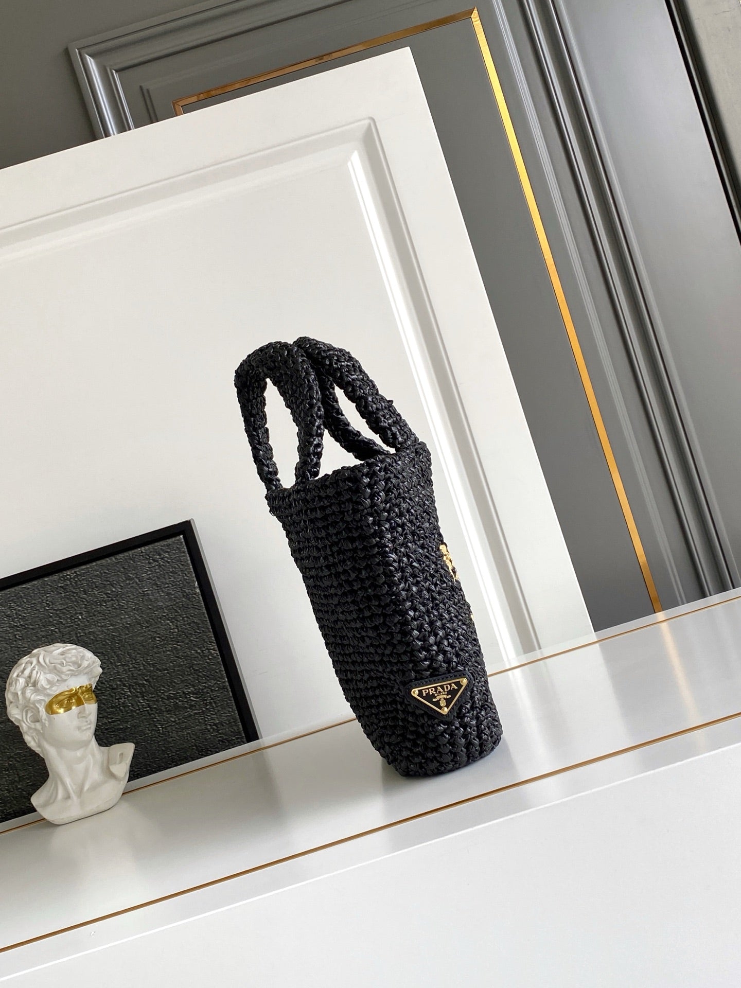 Prada Small Raffia Crochet Tote Bag with Embroidered Logo — Black