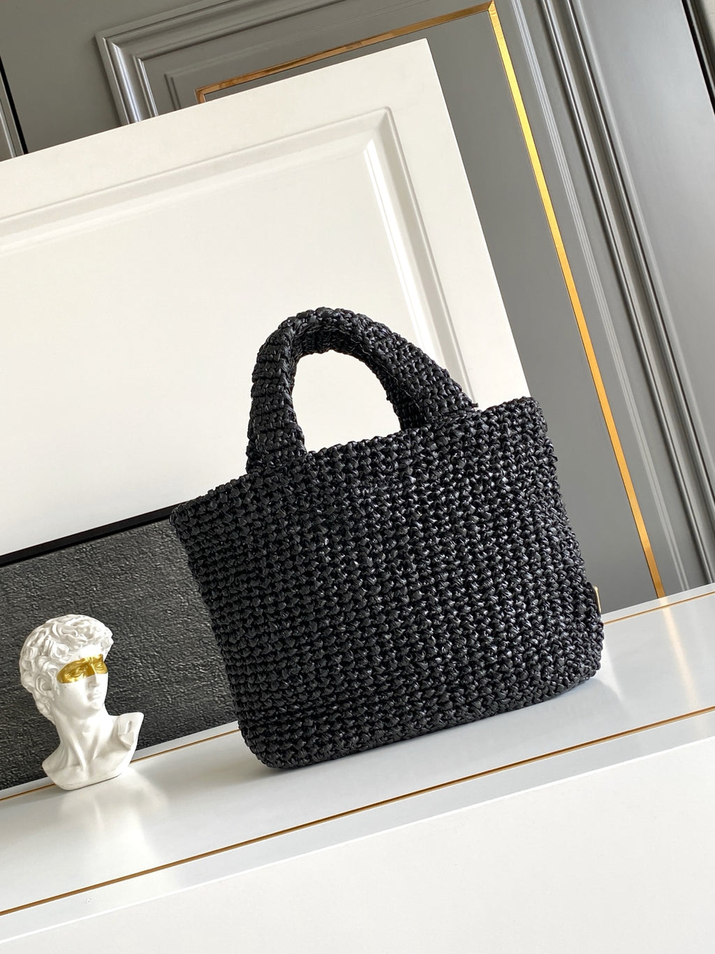 Prada Small Raffia Crochet Tote Bag with Embroidered Logo — Black