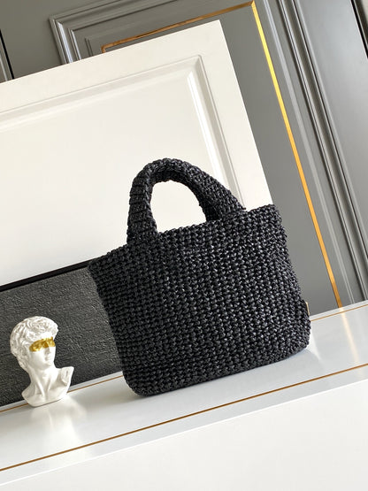 Prada Small Raffia Crochet Tote Bag with Embroidered Logo — Black