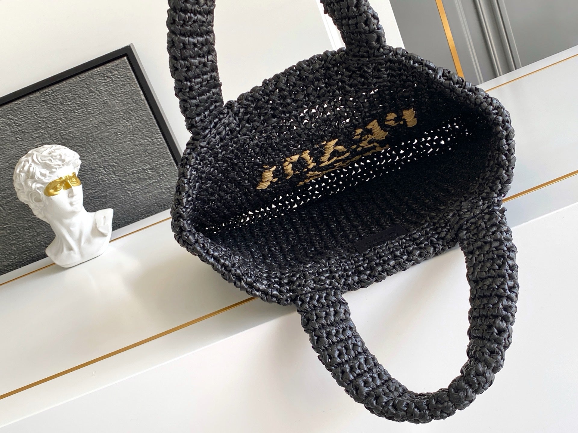 Prada Small Raffia Crochet Tote Bag with Embroidered Logo — Black