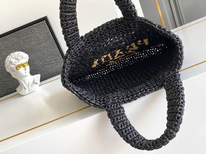 Prada Small Raffia Crochet Tote Bag with Embroidered Logo — Black