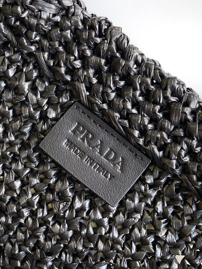 Prada Small Raffia Crochet Tote Bag with Embroidered Logo — Black