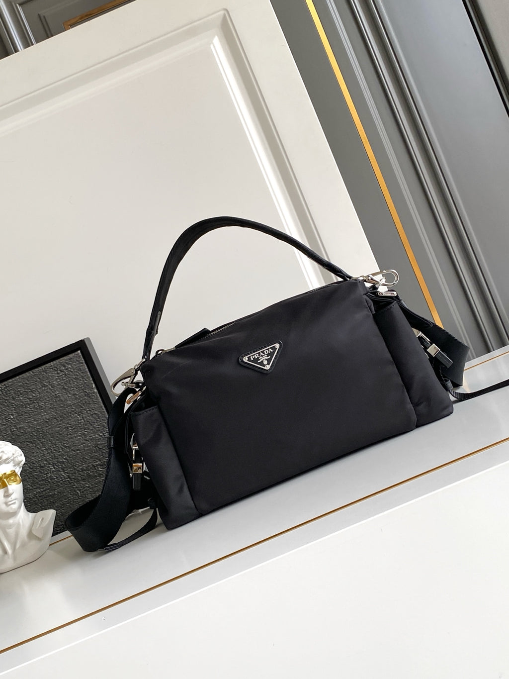 Prada Explore Shoulder Bag in Re-Nylon and Leather — Black