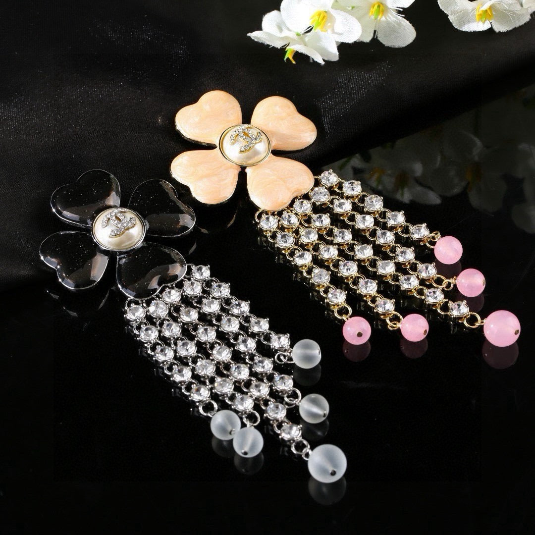 Chanel Camellia Lucky Clover Tassel Brooch - Rhinestone & Pearl Drop Pin