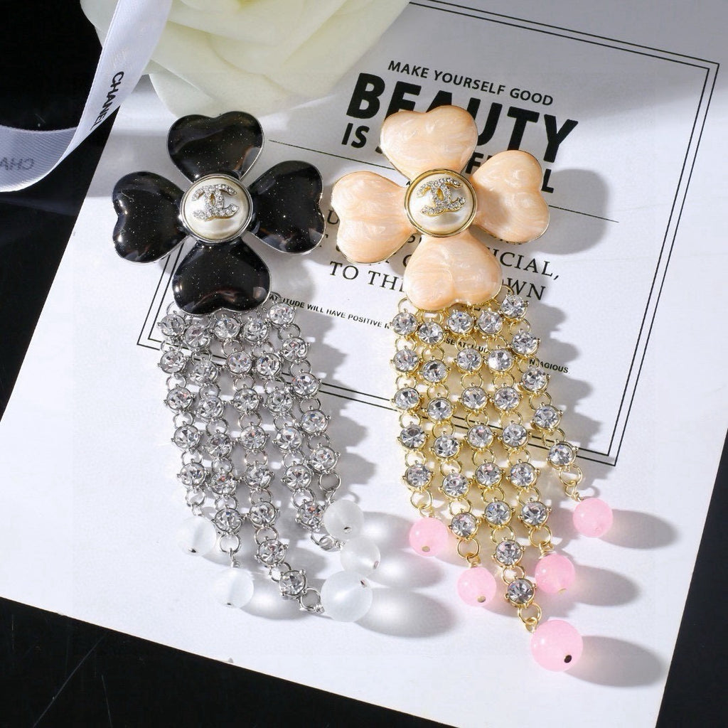 Chanel Camellia Lucky Clover Tassel Brooch - Rhinestone & Pearl Drop Pin