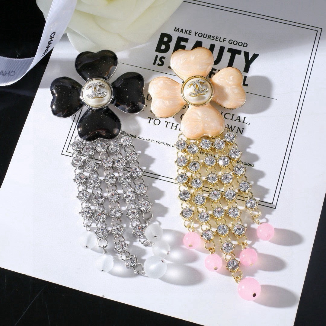Chanel Camellia Lucky Clover Tassel Brooch - Rhinestone & Pearl Drop Pin
