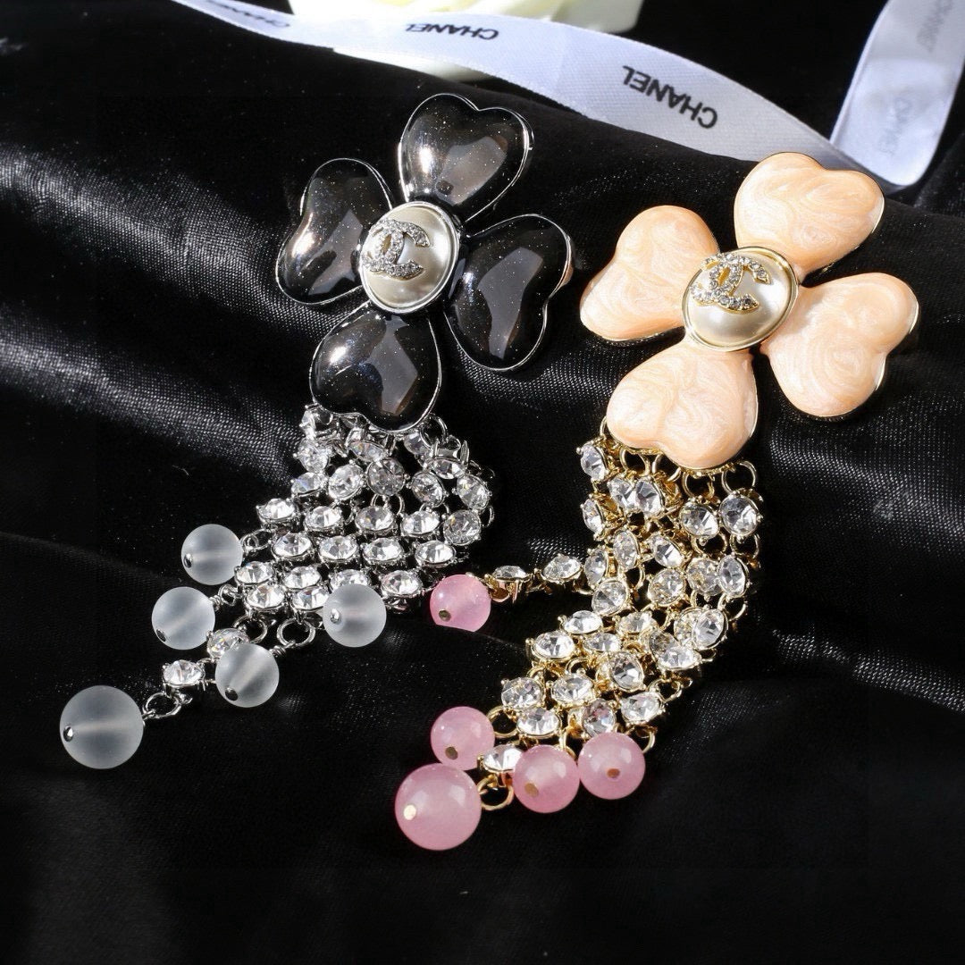 Chanel Camellia Lucky Clover Tassel Brooch - Rhinestone & Pearl Drop Pin