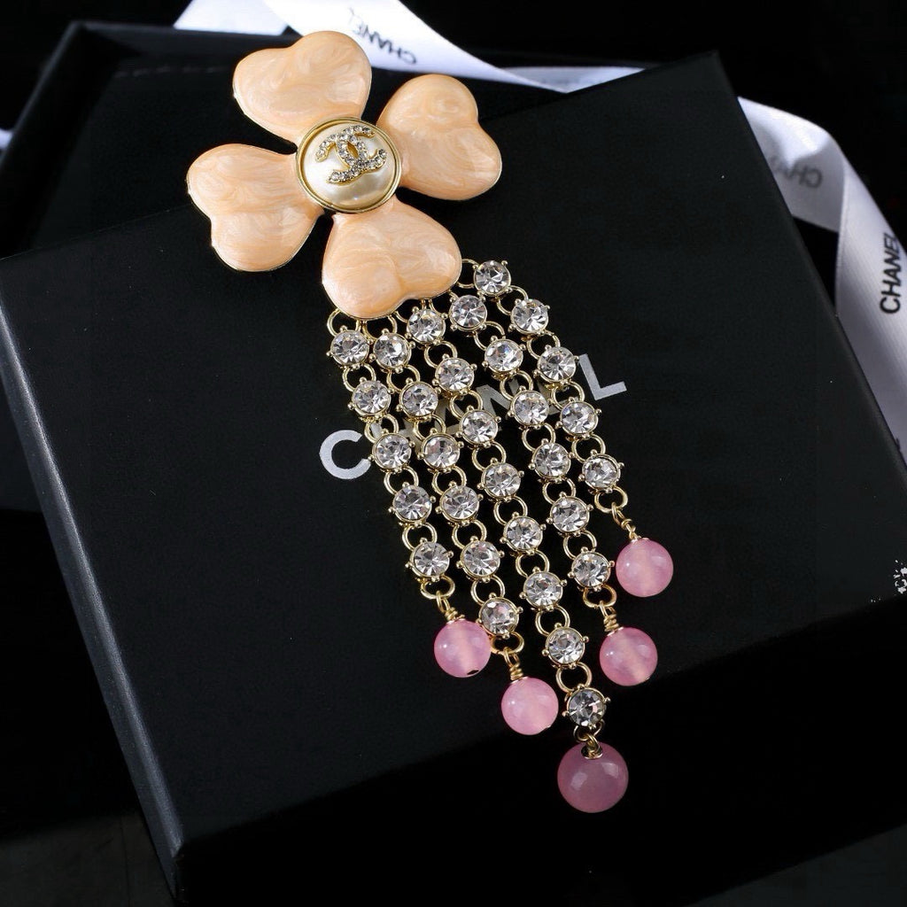 Chanel Camellia Lucky Clover Tassel Brooch - Rhinestone & Pearl Drop Pin
