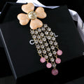 Chanel Camellia Lucky Clover Tassel Brooch - Rhinestone & Pearl Drop Pin