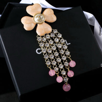 Chanel Camellia Lucky Clover Tassel Brooch - Rhinestone & Pearl Drop Pin