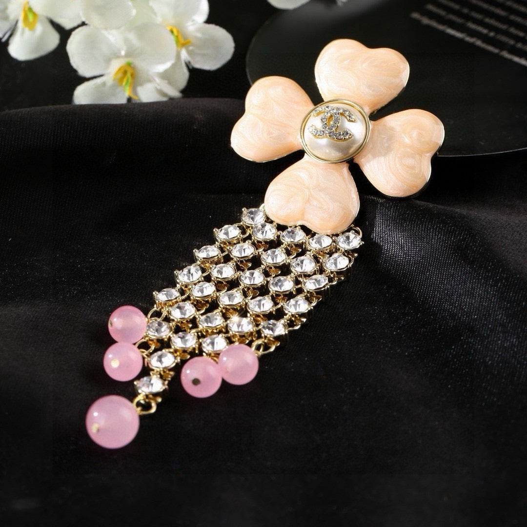 Chanel Camellia Lucky Clover Tassel Brooch - Rhinestone & Pearl Drop Pin