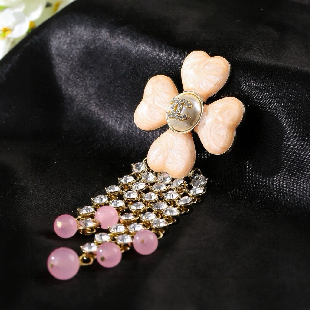 Chanel Camellia Lucky Clover Tassel Brooch - Rhinestone & Pearl Drop Pin