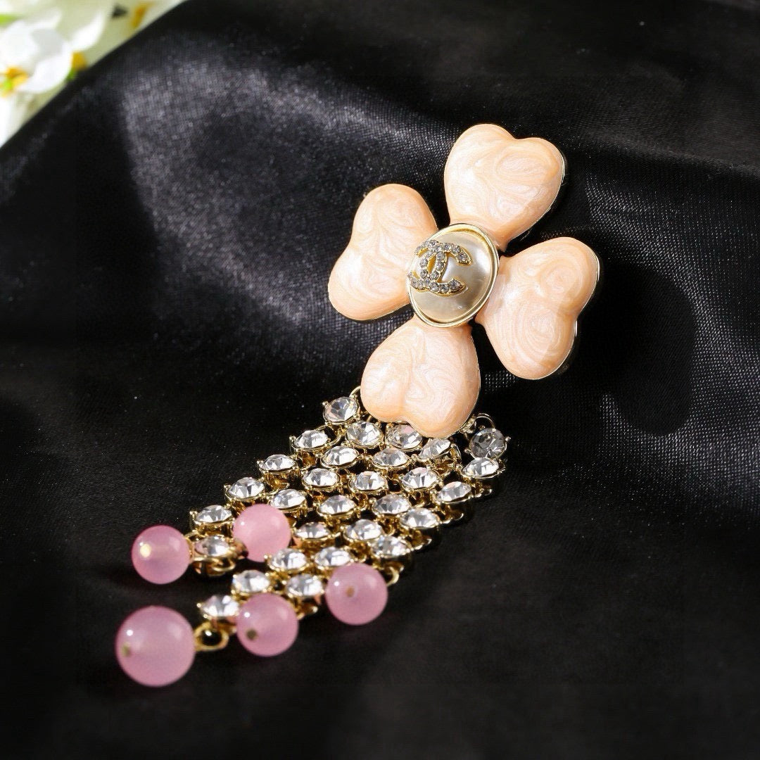 Chanel Camellia Lucky Clover Tassel Brooch - Rhinestone & Pearl Drop Pin