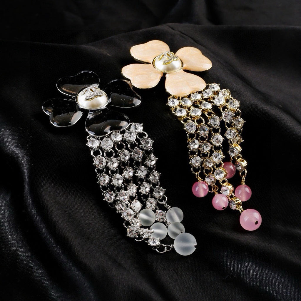 Chanel Camellia Lucky Clover Tassel Brooch - Rhinestone & Pearl Drop Pin