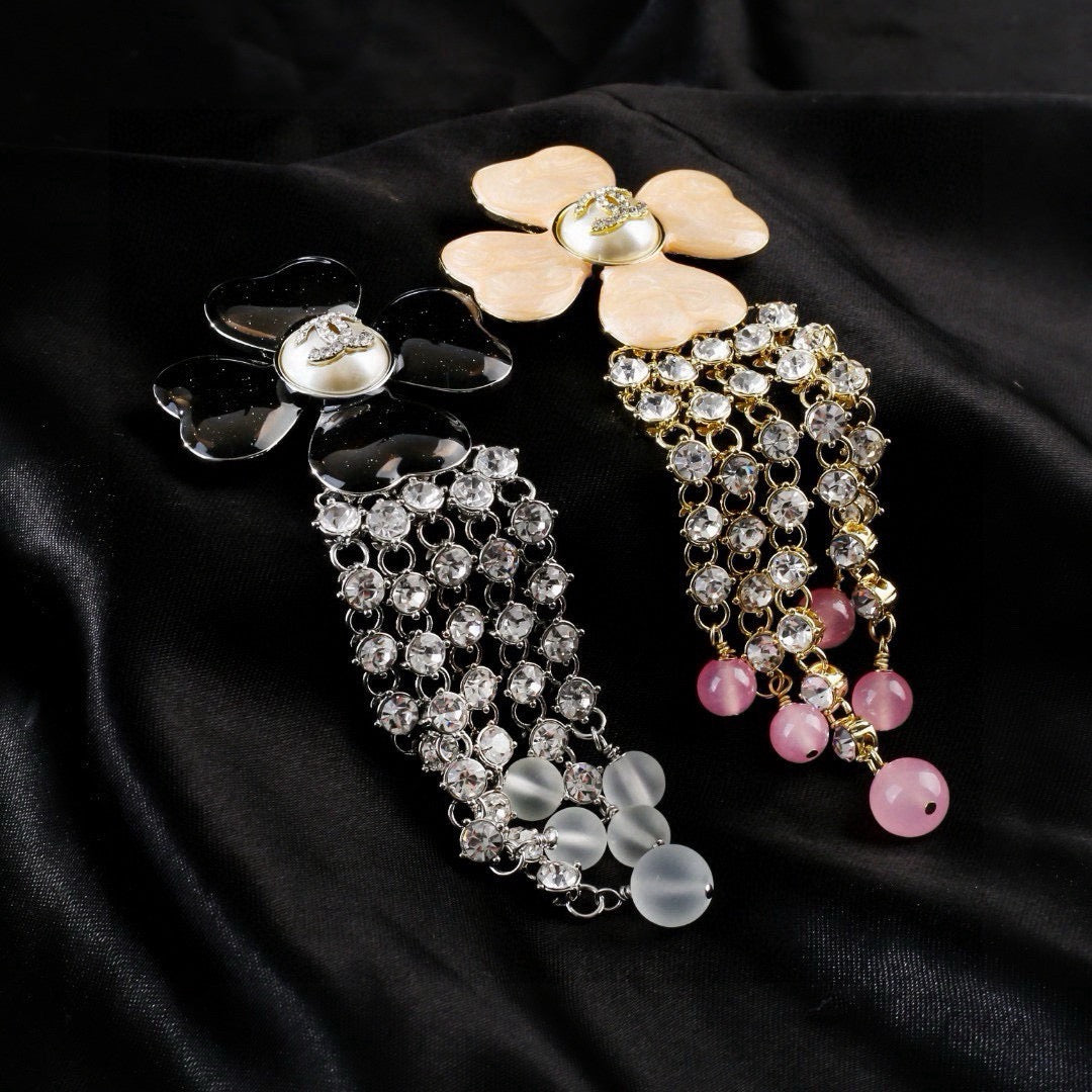 Chanel Camellia Lucky Clover Tassel Brooch - Rhinestone & Pearl Drop Pin