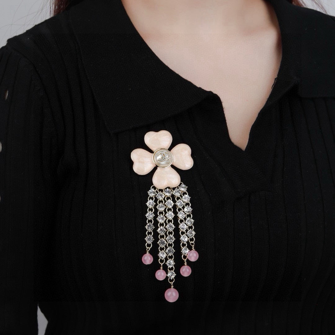 Chanel Camellia Lucky Clover Tassel Brooch - Rhinestone & Pearl Drop Pin